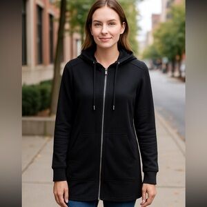 Susan Graver Hoodie Women’s Small Black Full Zip Tunic Length Jacket Sweatshirt